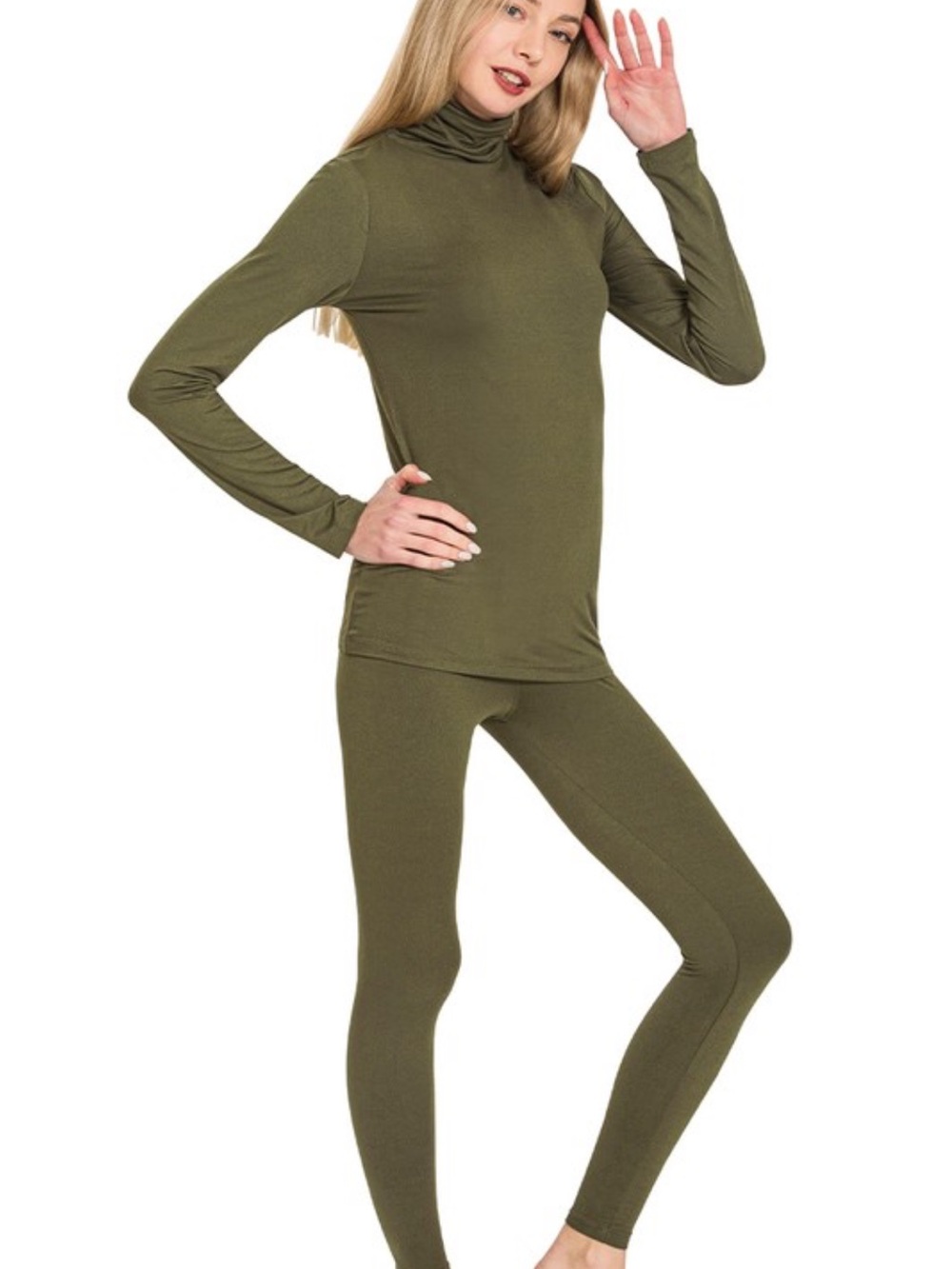 NWT 2PC Zenana Dark Olive Brushed Dty Microfiber Turtleneck Top & Leggings